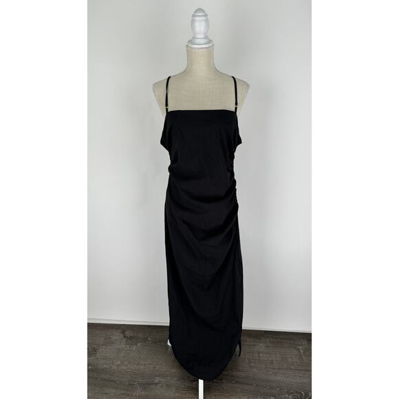 MNG Mango Ruched Midi Dress Womens Size 10 Square Neck New Black Sleeveless - Picture 11 of 16